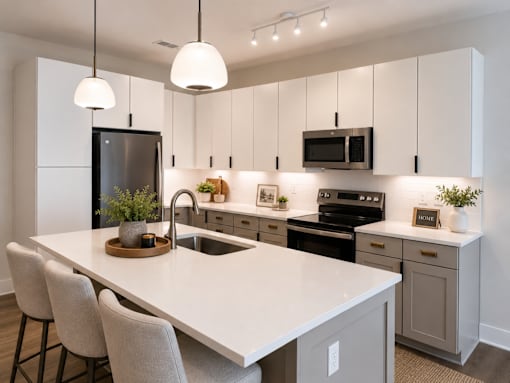 A modern kitchen with a white countertop and grey cabinets.