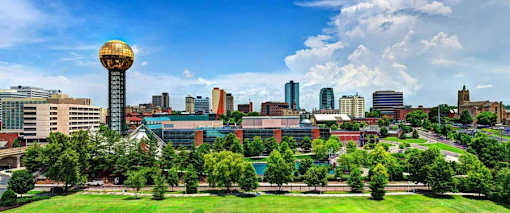 A cityscape with a prominent tower in the center.