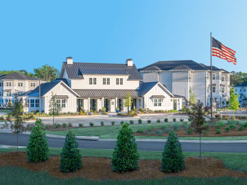 a rendering of a building with an flag in front of it