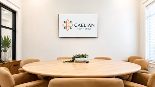 A conference room with a Caelian South Grove logo on the wall.