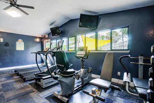A gym with a variety of equipment including treadmills, exercise bikes, and a television at Coral Club Apartments in Bradenton, FL
