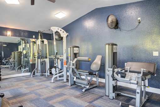 A gym with a variety of equipment including a leg press machine, a chest press machine, and a squat rack at Coral Club Apartments in Bradenton, FL