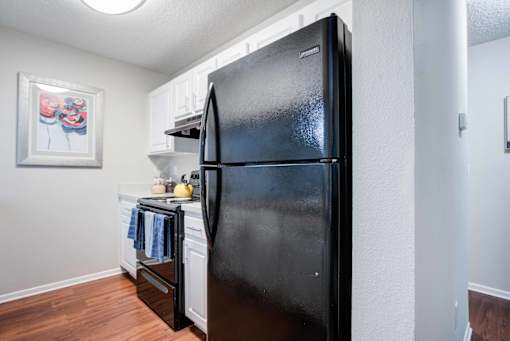 A black refrigerator in a kitchen with a picture on the wall at Coral Club Apartments in Bradenton, FL