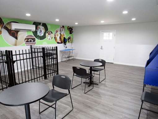 A room with a table and chairs and a mural of dogs on the wall.