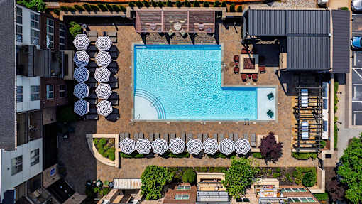 An aerial view of a pool surrounded by lounge chairs and umbrellas.