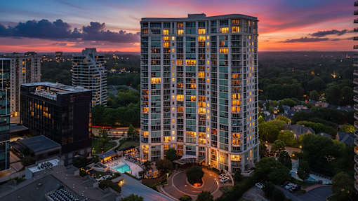 A tall building with a pool in front of it is lit up at dusk.