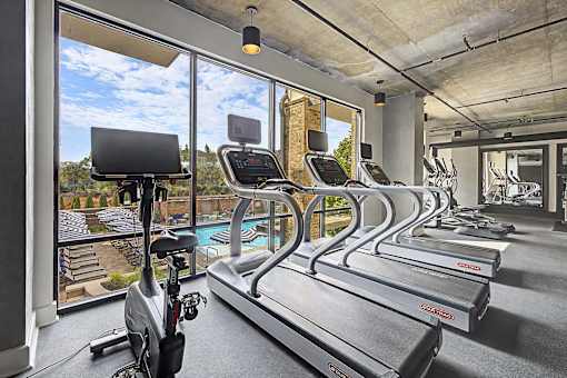 A row of treadmills in a gym with a view of the outdoors.