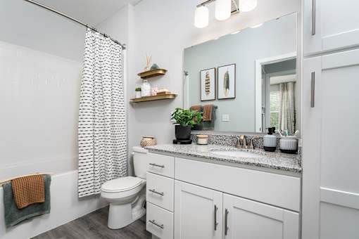 Pet-Friendly Apartments in Alexandria, KY - Elevation Apartment Homes - Bathroom With White Cabinetry, Granite Countertop, Large Mirror, Patterned Shower Curtain, And Modern Vanity Lighting.