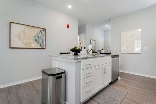 A modern kitchen with a stainless steel dishwasher and a trash can.