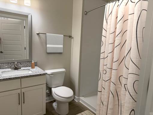 A bathroom with a toilet, sink, and shower curtain.