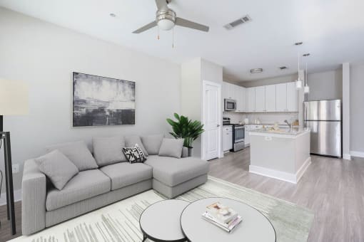 a living room with a couch and a table