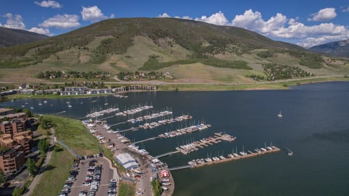 an aerial view of the marina at the lake with boats docked in it