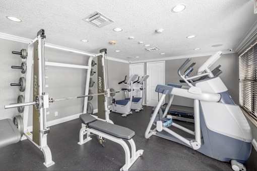 A well-equipped gym with a variety of machines and weights.