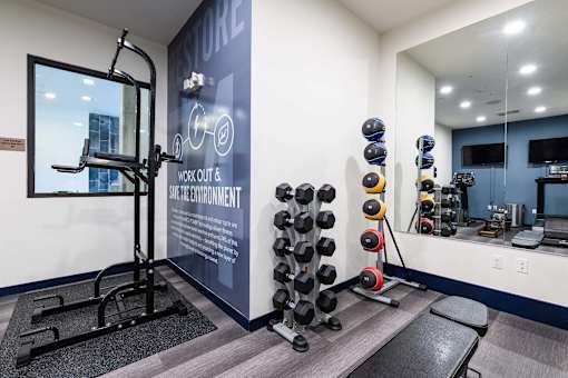 A gym with a variety of equipment including a squat rack, dumbbells, and a bench.