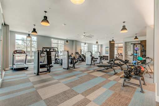 A gym with a variety of exercise equipment.