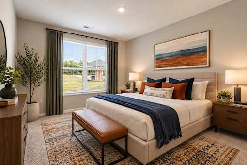 A bedroom with a large bed and a painting on the wall.