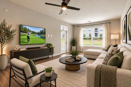 A living room with a television, a sofa, a chair, and a coffee table.