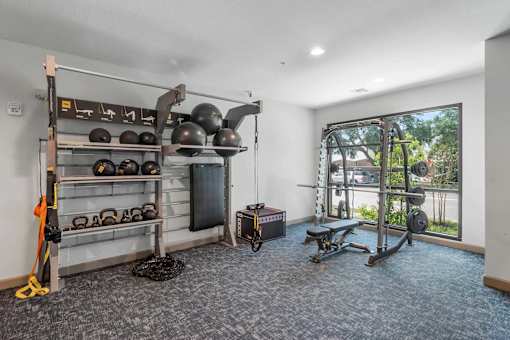 A home gym with a variety of equipment including a squat rack, bench, and weights.