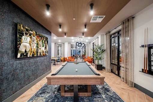 Contemporary game room with pool table at The Citizen at Waterset in Apollo Beach, FL