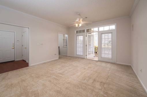 A room with a carpeted floor and a ceiling fan.