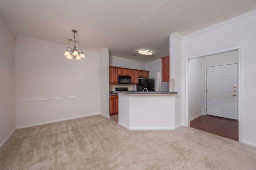 A kitchen area with a counter and cabinets.