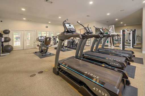 A gym with treadmills and other exercise equipment.