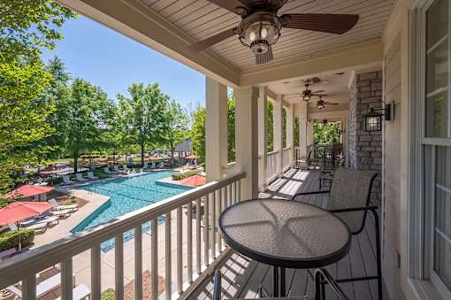 A patio with a table and chairs overlooking a pool.
