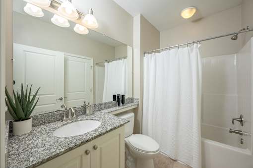 A bathroom with a white toilet, sink, and shower curtain.