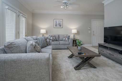 A living room with a grey couch, a wooden coffee table, and a television.