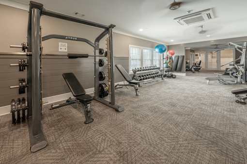 A well-equipped gym with a variety of exercise machines and weights.