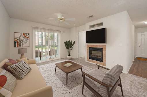 A living room with a fireplace and a television.