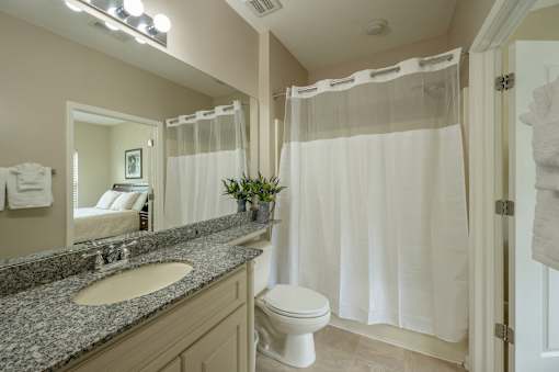 A bathroom with a sink, toilet, and shower.