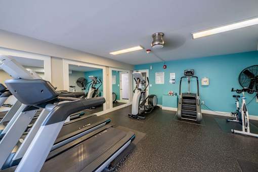 A gym with treadmills, elliptical machines, and other exercise equipment.
