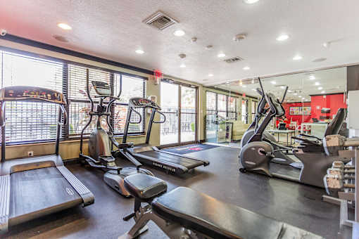 3-Bedroom Luxury Apartments In Hollywood, FL - Park Hill Hollywood - A Professional Indoor Gym With Vision Fitness Treadmills, Ellipticals, And A Large Wall Mirror.