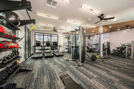 Modern fitness center at The Citizen at Waterset, equipped for active lifestyles in Apollo Beach