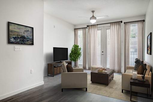 A living room with a television, two couches, and a plant.