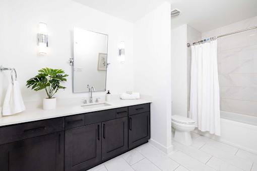 A bathroom with a white sink and black cabinets.