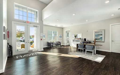 A spacious room with a wooden floor and a white rug in the center.