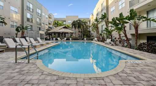 Luxury Apartments Near Raymond James Stadium in Tampa, FL - Mosaic Westshore - A large rectangular courtyard pool surrounded by stone pavers, tropical palm trees, and modern lounge chairs.