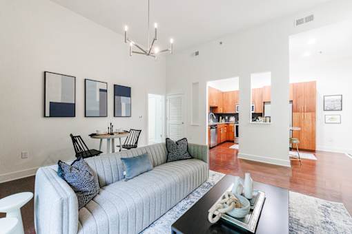A living room with a grey couch and a coffee table.