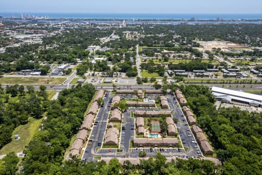 an aerial view of the city