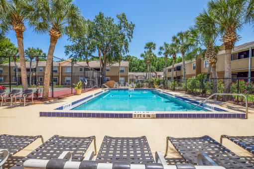 our resort style swimming pool is next to our apartment buildings and palm trees