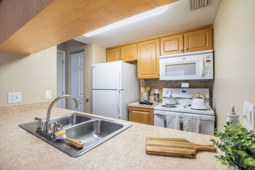 a kitchen with a sink and a white refrigerator