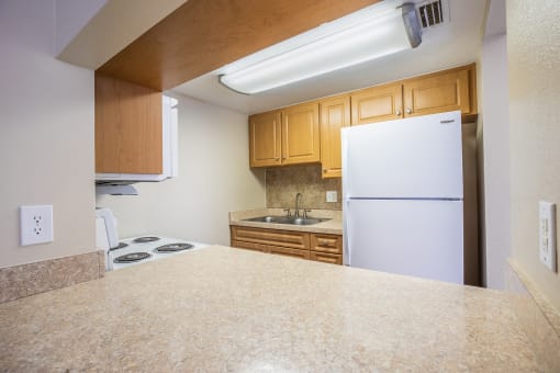 a kitchen with a counter top and a refrigerator
