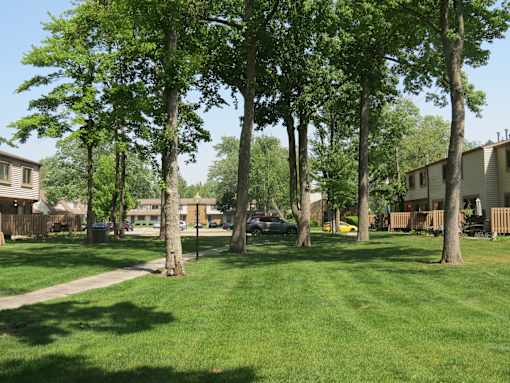 A grassy area with trees and houses in the background.