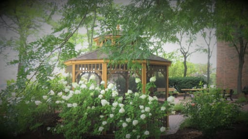 a gazebo in the rain