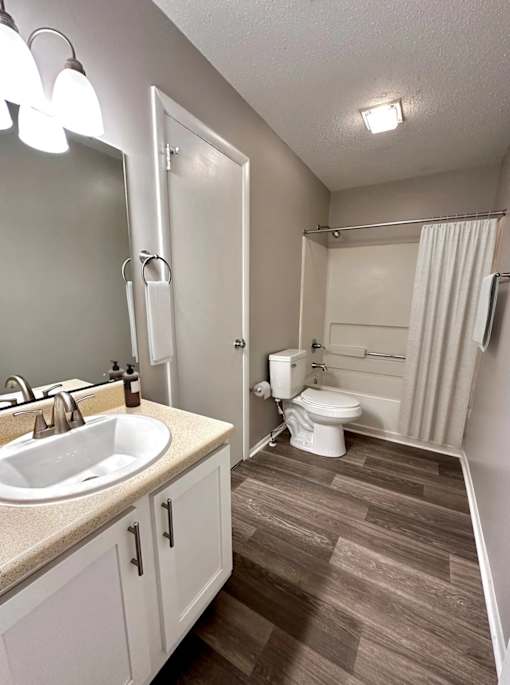 Dog-Friendly Apartments in Charlotte, NC - Coffey Creek - A Bathroom With A White Vanity With Sink, A Large Mirror, A Toilet, And A Tub Shower Combo With A Curtain On Wood-Style Flooring.