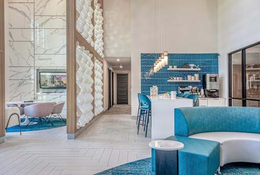 A modern interior with a blue and white color scheme.