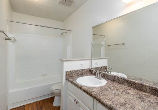 A bathroom with a sink, mirror, and toilet.