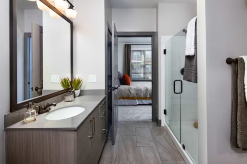 a bathroom with a sink and a shower and a bedroom